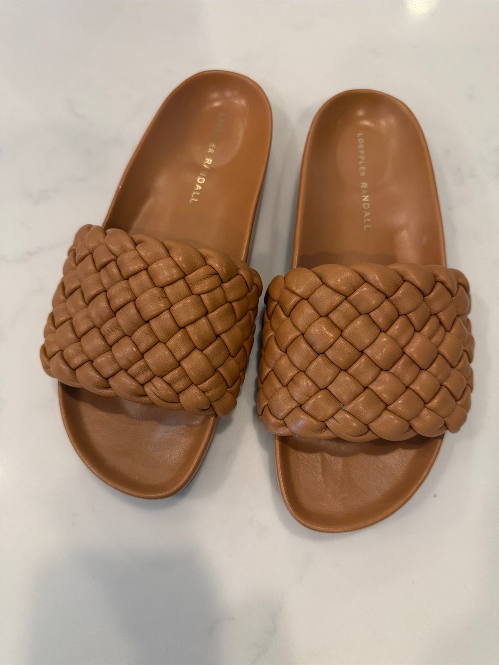 Loeffler Randall Woven Leather Slide Sandals in Cognac